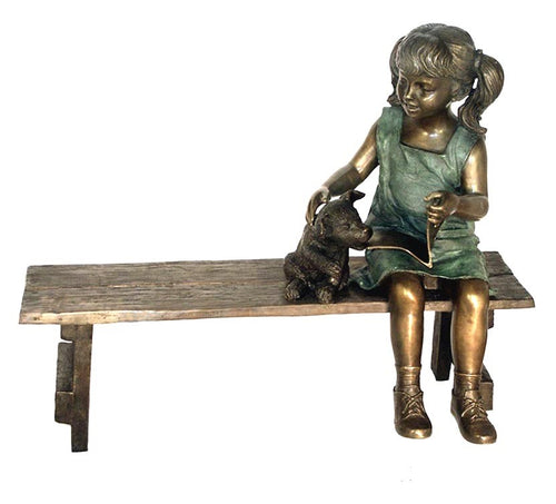 Bronze Reading Girl with Book and Dog Statue