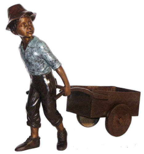 Bronze Boy with Wheelbarrow Statue and Planter