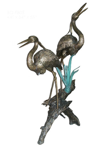 Bronze Wandering Herons on a Tree Log Fountain Spitter Statue
