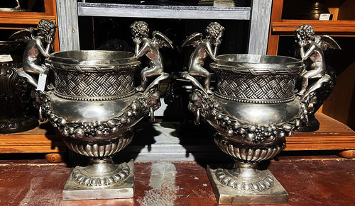 Set of 2 Bronze Cherub Urns with Silver Finish