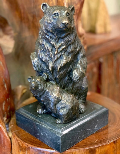 Bronze Tabletop Bear Sculpture on Marble Base