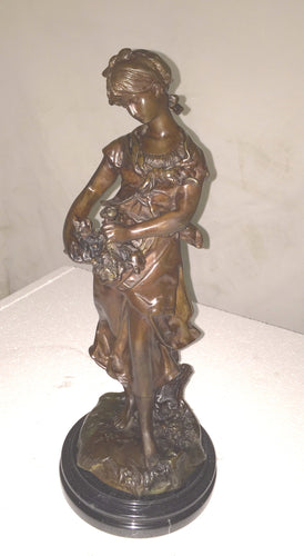 Young Victorian Lady with Flowers Bronze Sculpture