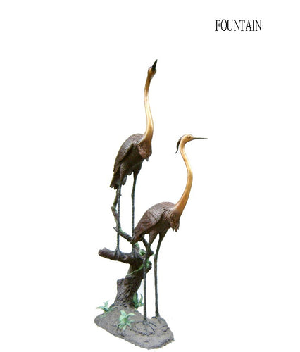 Majestic Pair of Bronze Crane Sculptures on Trunk Fountain Statue