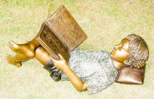David Bronze Boy Reading Book Statue