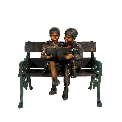 Bronze Reading Boy and Girl on a Bench Sculpture