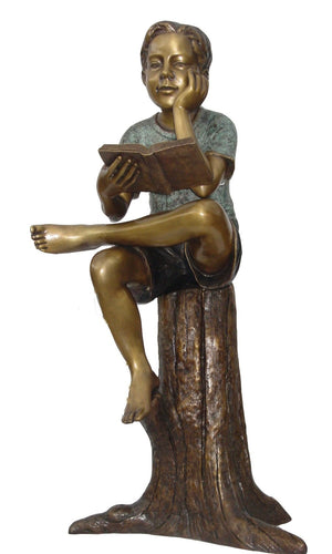 Bronze Boy Reading Book on Tree Statue