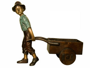 Bronze Boy with Wheelbarrow Statue and Planter