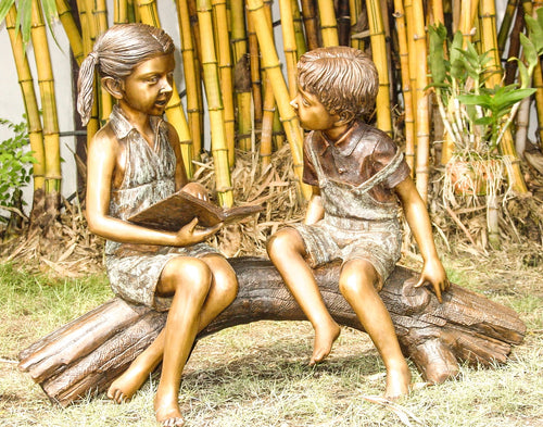 Bronze Library Reading Boy and Girl on Log Statue