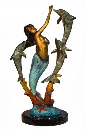 Bronze Mermaid Playing with Dolphins Sculpture