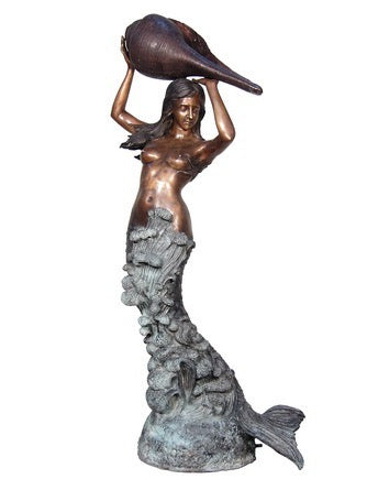 Bronze Life Size Mermaid with Conch Shell Statue I