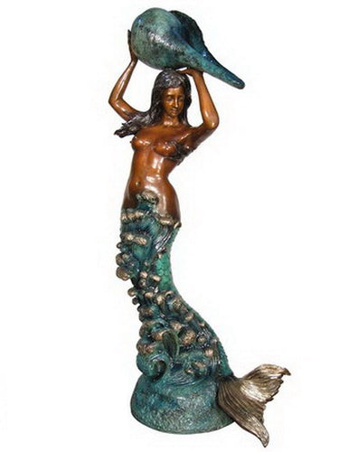 Bronze Life Size Mermaid with Conch Shell Statue II