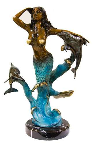 Bronze Mermaid with Friendly Dolphins Sculpture