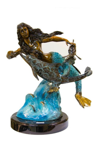Bronze Mermaid Sculpture Swimming with Dolphins
