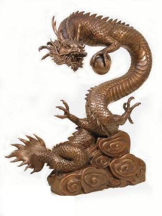Large 37”H Bronze Chinese Dragon Statue with Orb
