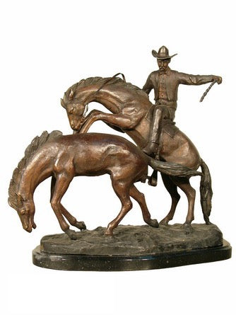Bronze Western Cowboy With Horses Sculpture