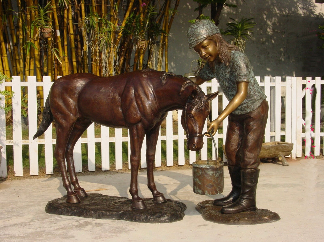 Bronze Girl Feeding Horse Statue