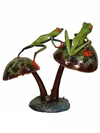 2 Tree Frogs on Mushroom Bronze Sculpture