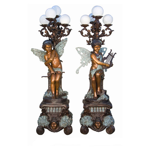 Set of Bronze Angel and Fairy Floor Lamp Sculptures