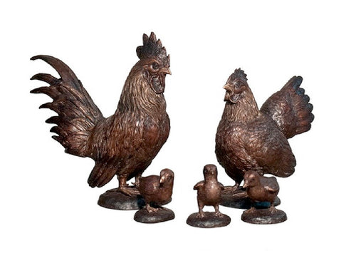 Bronze Rooster and Hen Chicken Family Statue