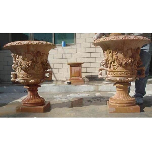 Draped Cherub and Roses Marble Urns Pair