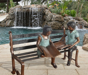 Bronze Reading Boy and Girl with Books on Bench Statue