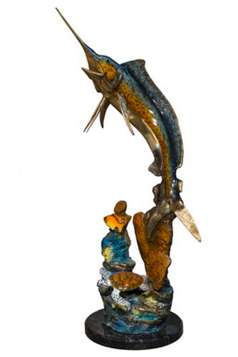 Bronze Swordfish Sculpture Resting on Marble Base - 53”H