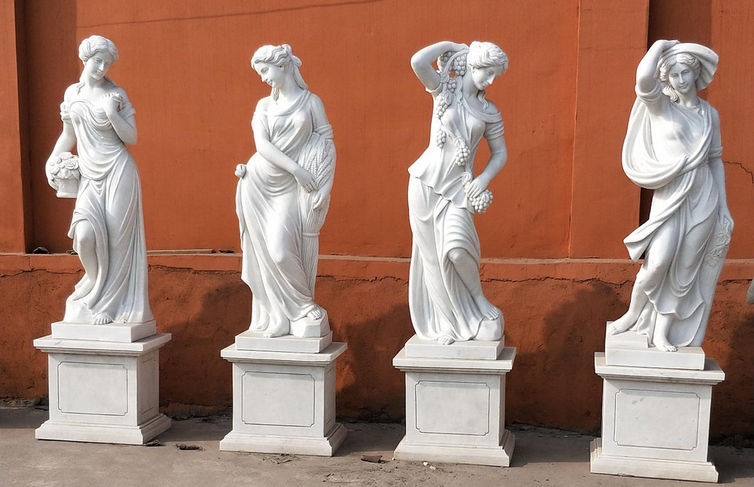 Four Seasons Woman Marble Statue on Pedestals