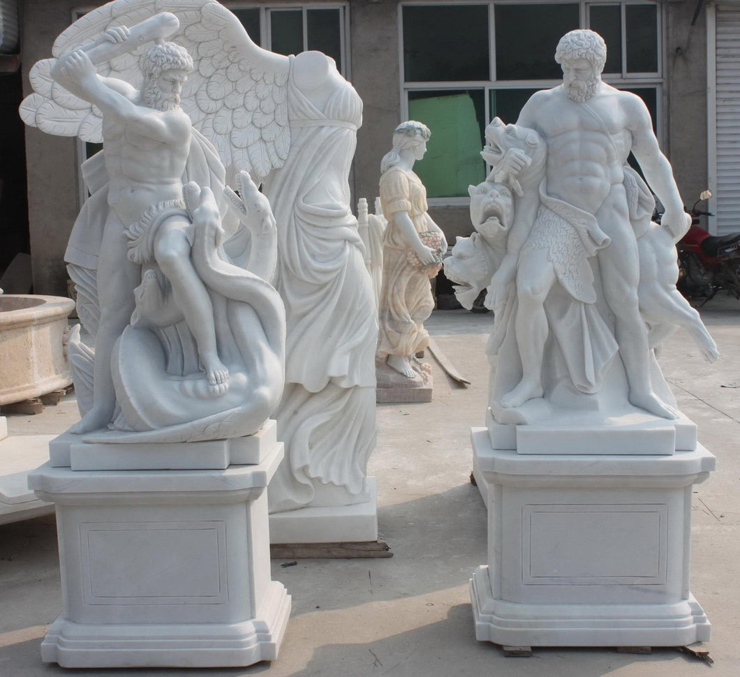 Pair of Hercules Marble Statues on Pedestals