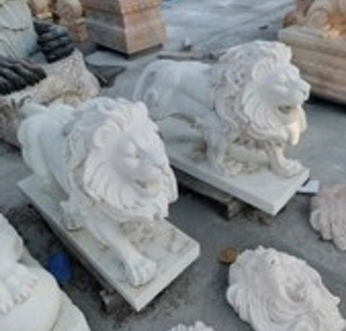 Majestic Standing Marble Lions Pair