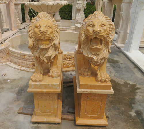 Parisian Estate Lion Marble Statues on Bases