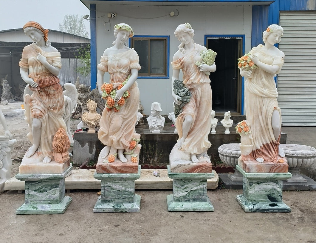 Four Seasons Marble Statues on Pedestals Set - 90”H