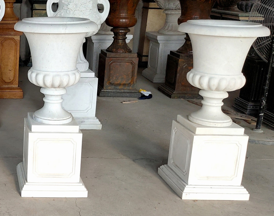 Lancaster English Garden Marble Urns with Pedestals Pair