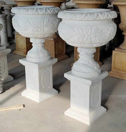 English Bowl Marble Planters with Pedestals Pair