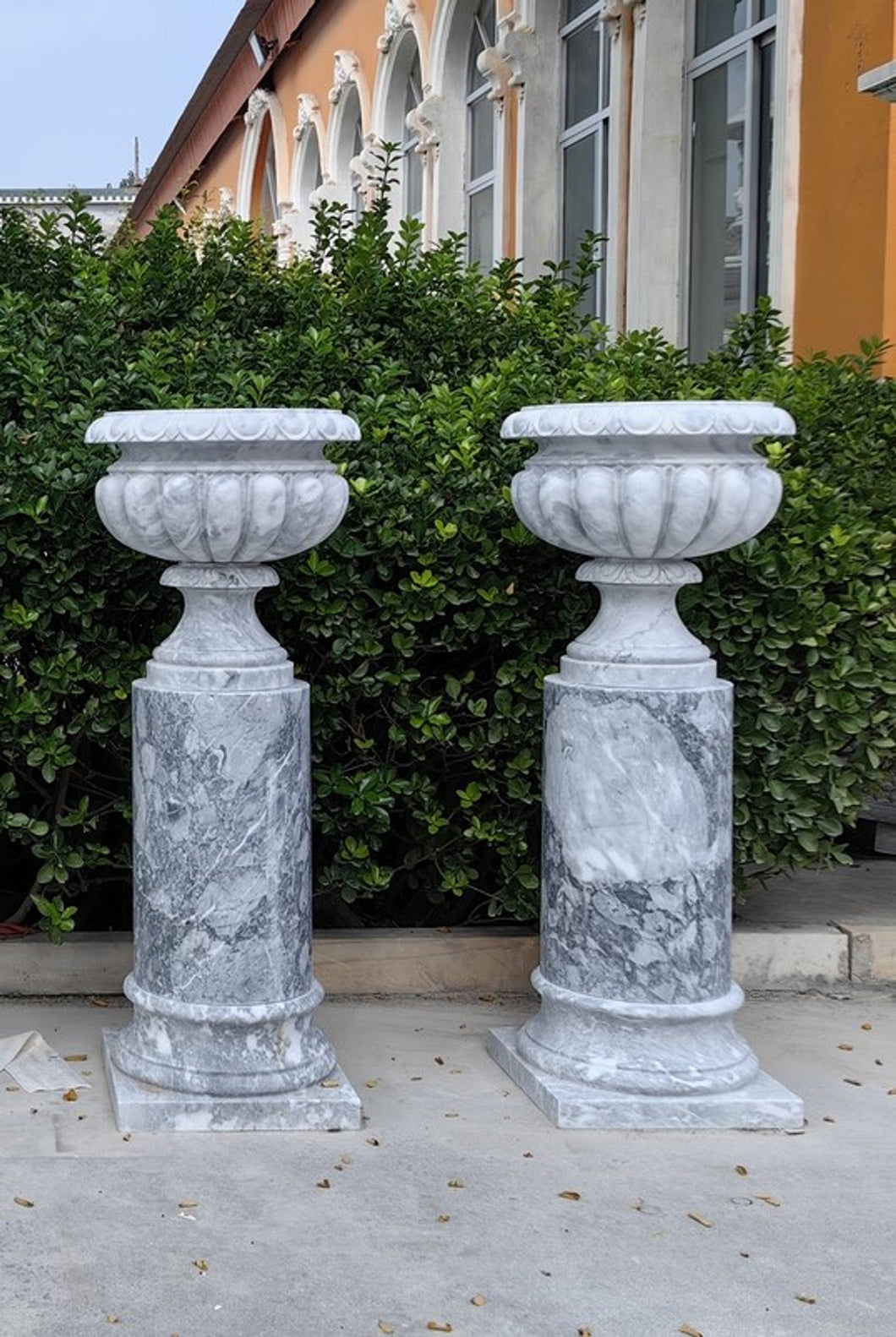 Medina Marble Garden Urns with Pedestals Pair