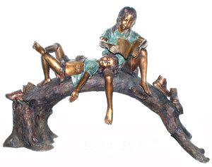 Bronze Reading Children on a Log Life Size Sculpture
