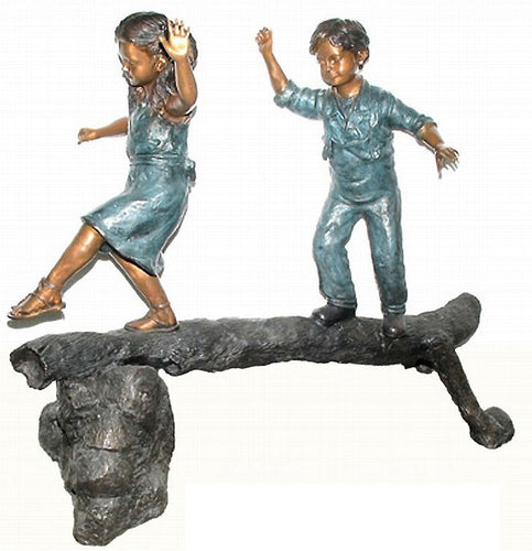 Boy and Girl Walking on Log Bronze Statue