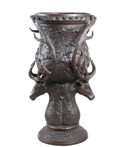 Large Rustic Bronze Deer Urn Planter - 47”H