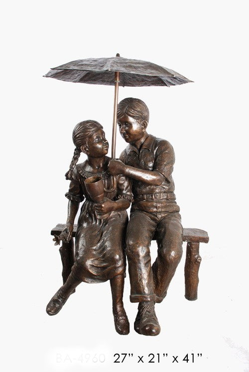 Boy and Girl on Bench with Umbrella Bronze Statue