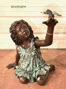 Nature Lover Bronze Girl Statue with Butterfly