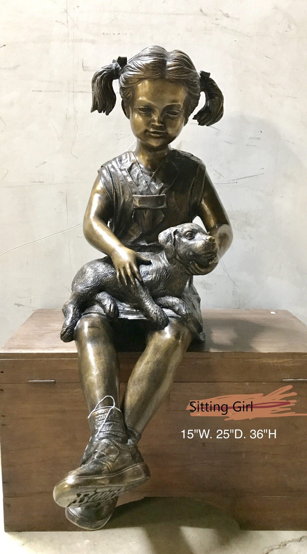 Bronze Girl Holding Labrador Puppy Statue
