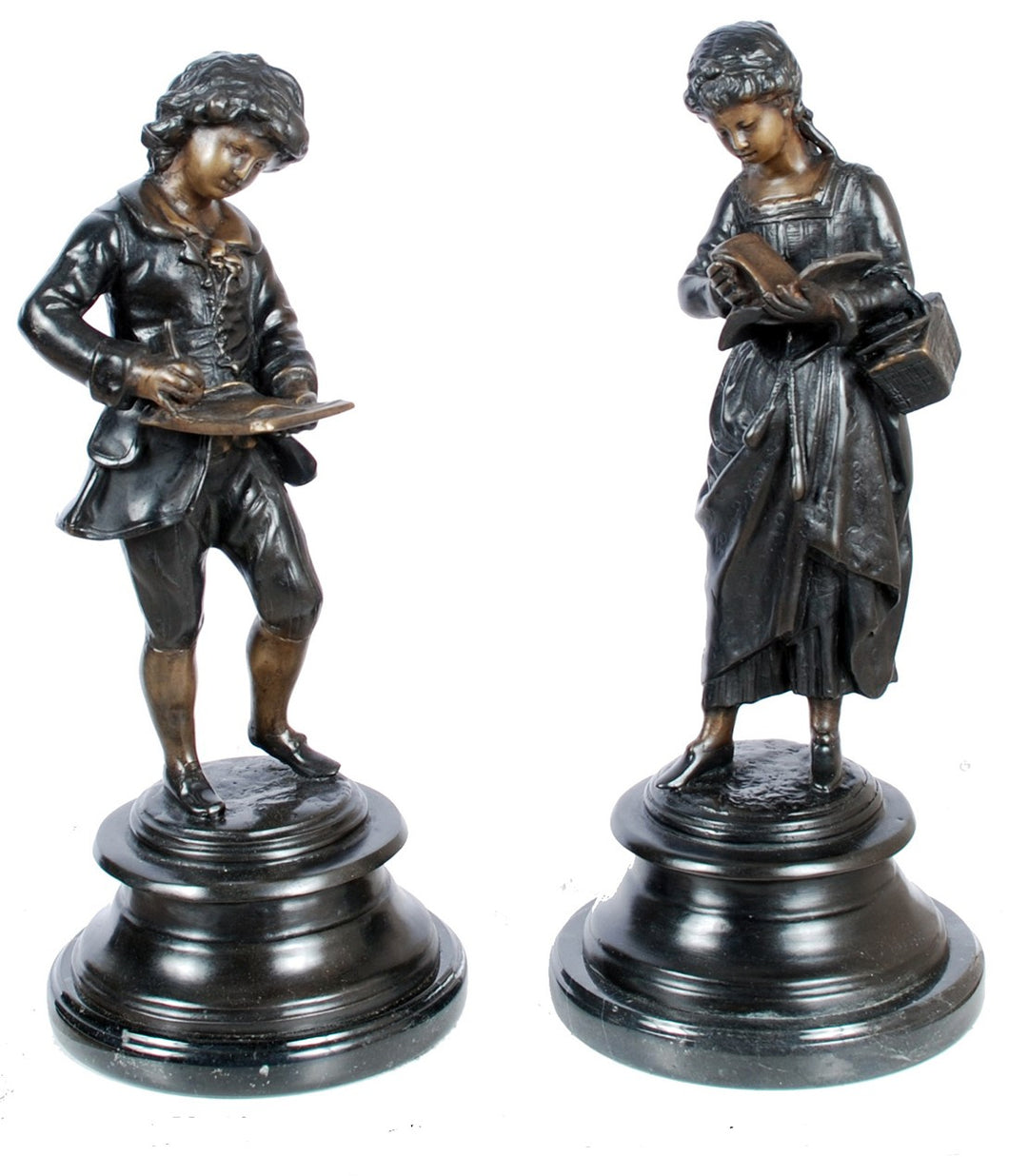 Set of Bronze Reading Boy and Girl Sculptures
