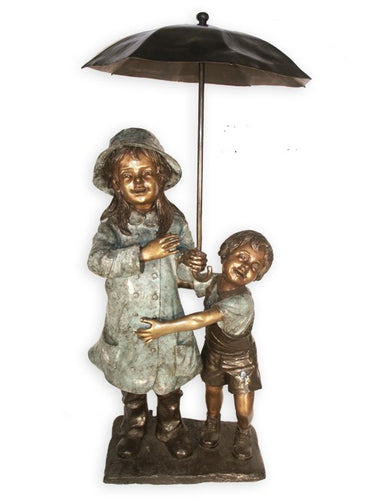 Children Sharing an Umbrella Bronze Fountain Statue