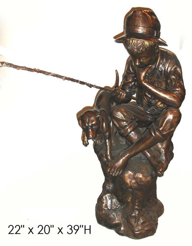 Bronze Fishing Boy Garden Statue with Dog