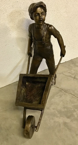 Gardening Boy with Wheelbarrow Bronze Statue