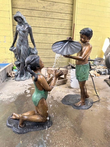 Bronze Boy and Girl Fountain Statues with Shell