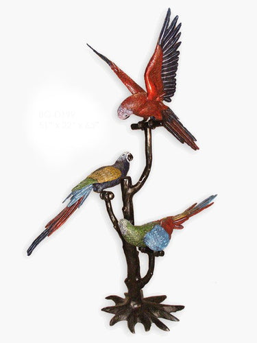 Colorful Parrots on a Tree Bronze Sculpture