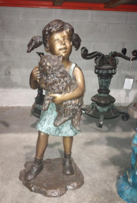 Little Girl Holds Her Cat Bronze Sculpture