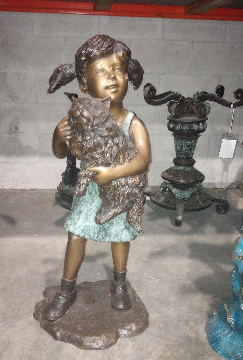 Little Girl Holds Her Cat Bronze Sculpture