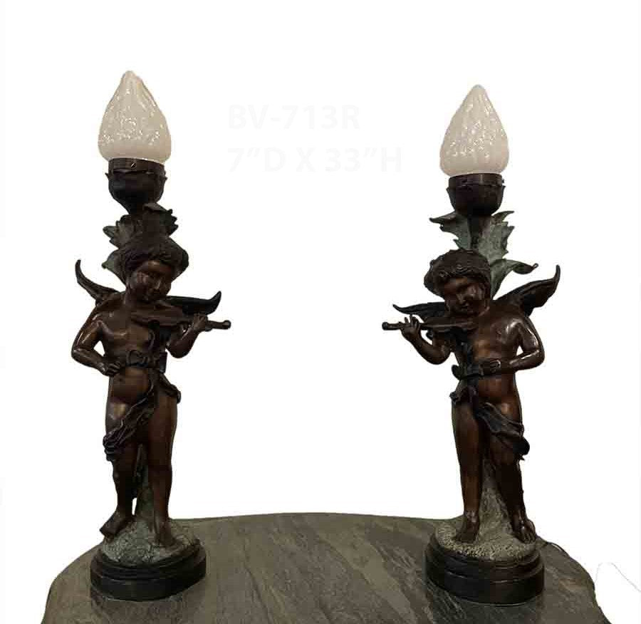 Antique Bronze Angel Lamp Sculpture Pair