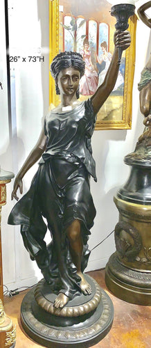 Large Bronze Roman Woman with Torch Lamp Sculpture
